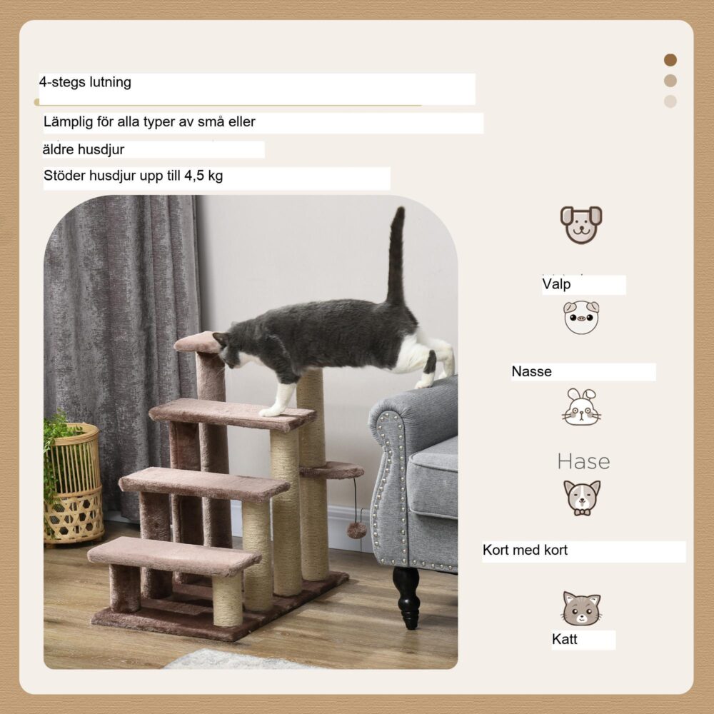 4-stegs katt- och hundtrappa med klösstolpe och leksaksboll, höjer åtkomsten säkert för små husdjur upp till 5 kg – lätt och bärbar design