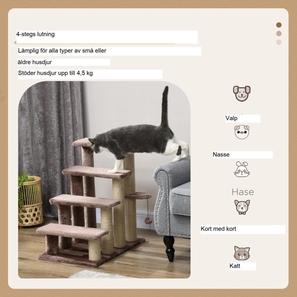 4-stegs katt- och hundtrappa med klösstolpe och leksaksboll, höjer åtkomsten säkert för små husdjur upp till 5 kg - lätt och bärbar design