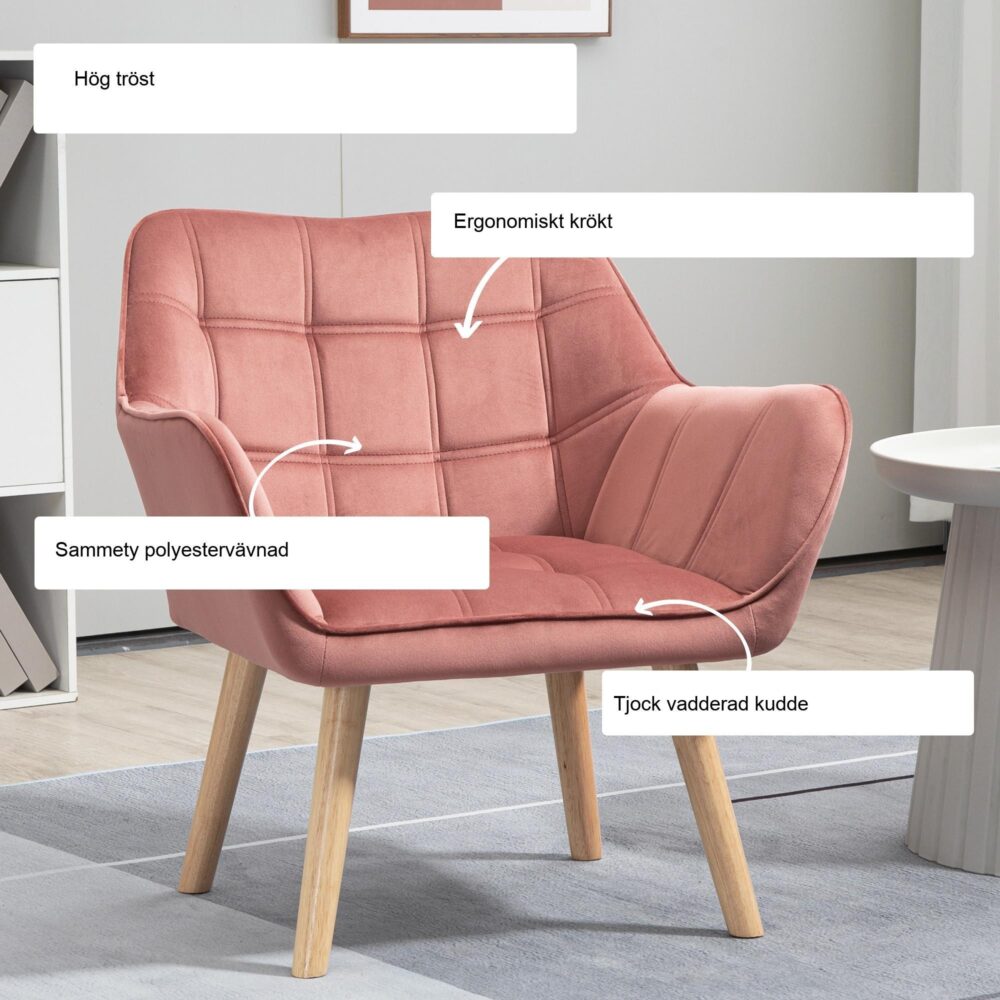 Singel fåtölj vilstol | Sammet klädd design med upphöjda ben | Enkel montering och skandinavisk stil