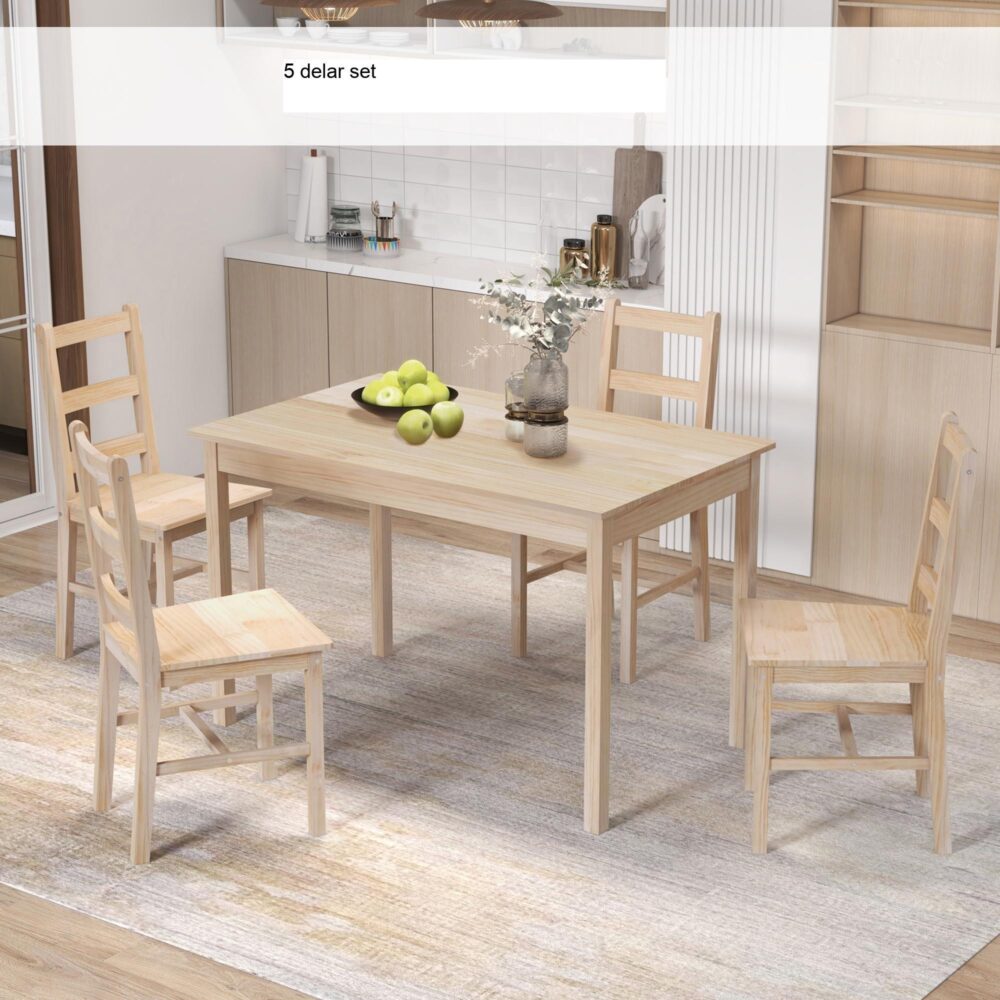 Platsbesparande matgrupp i 5 delar med bord och stolar i massiv furu – rektangulär design
