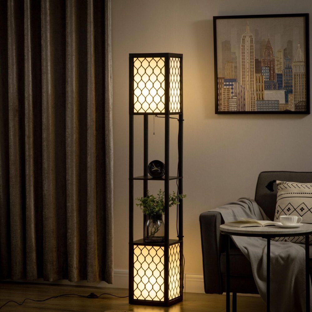Modern golvlampa med inbyggd hylla och mjuk tygskärm för förvaring och omgivande belysning, kedjebrytare, E27-kompatibel