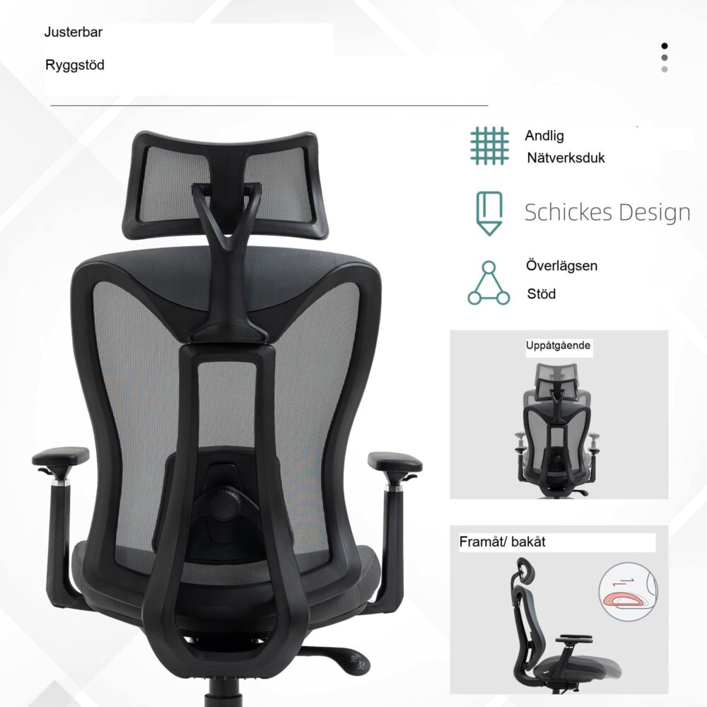 Ergonomisk skrivbordsstol med lutningsfunktion och högt ryggstödsstöd – andningsbart meshtyg för långa timmars komfort