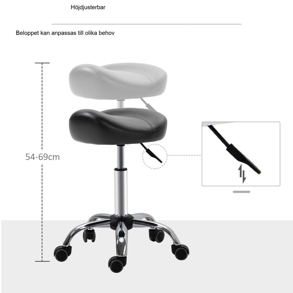 Ergonomisk höjdjusterbar rullstol med vadderat syntetiskt lädersäte, 360 ° roterande och mobil
