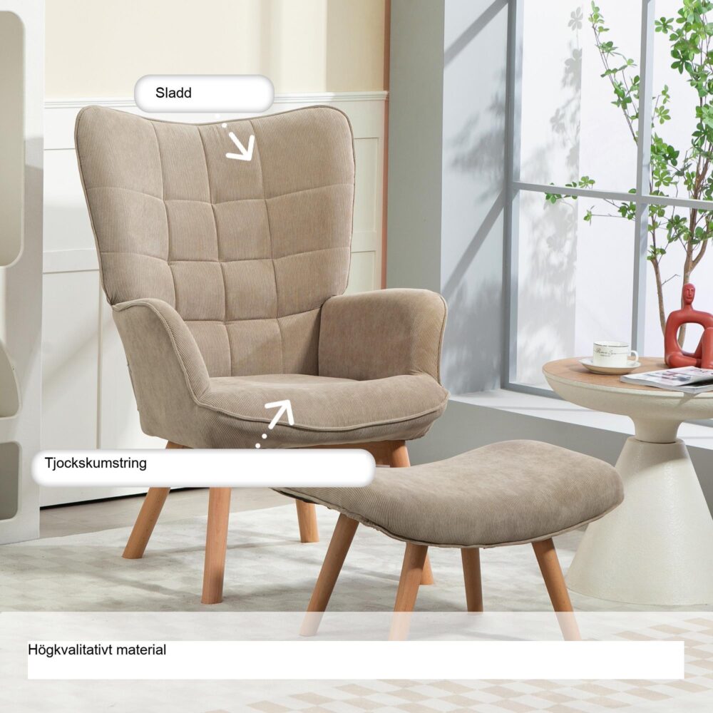 Lyxig öronlappsfåtölj med ottomansk | Snygg manchesterdesign och robust stålram för hemkomfort