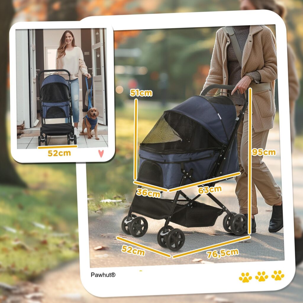 Barnvagn för husdjur Katt Buggy Oxford Blå | Rymlig korg med justerbar sufflett och fyra hjul med bromsar - vikbar lättviktsdesign för små husdjur