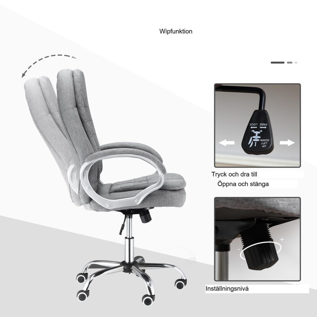 Ergonomisk kontorsfåtölj med justerbara armstöd och vippfunktion - Andningsbart linneöverdrag för komfort hela dagen