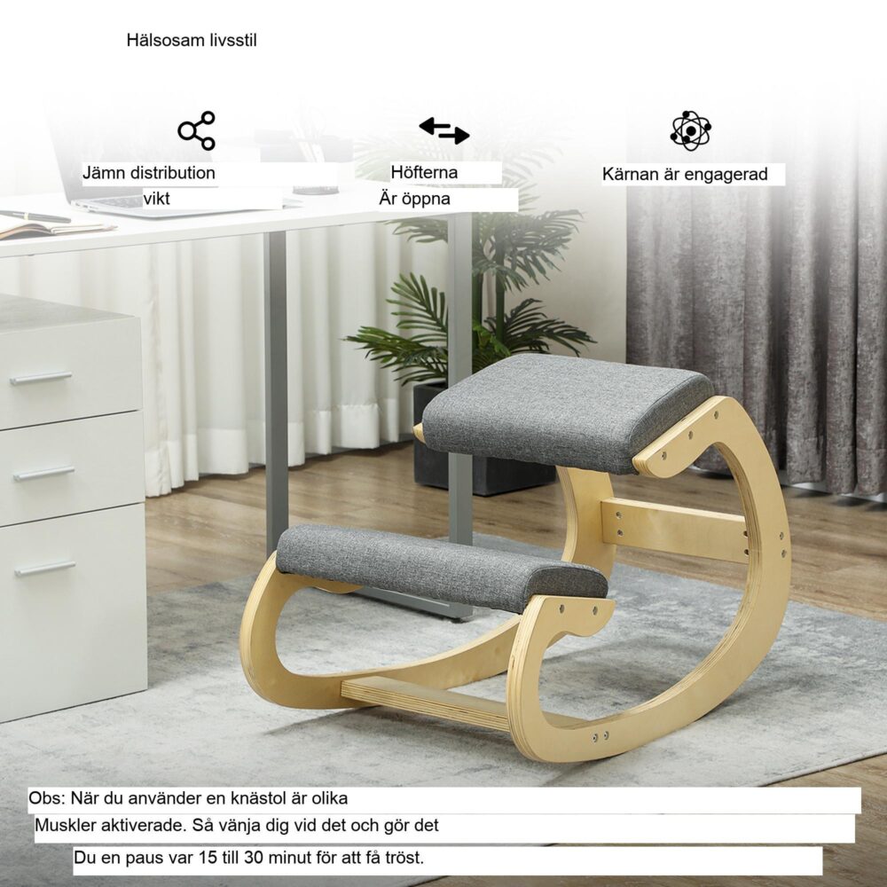 Ergonomisk knäpall med hållningsförbättring, gungande design – slitstark ram av björkträ, 120 kg lastkapacitet, grå