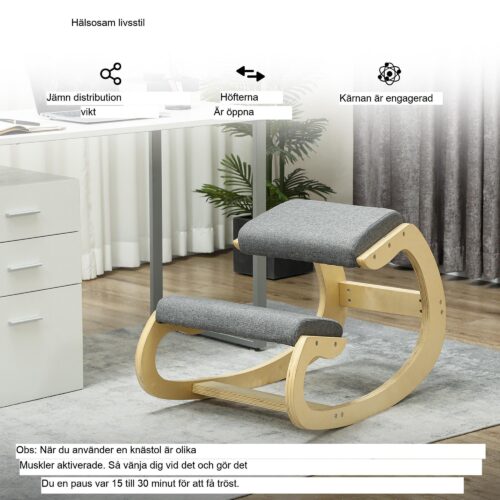 Ergonomisk knäpall med hållningsförbättring, gungande design – slitstark ram av björkträ, 120 kg lastkapacitet, grå
