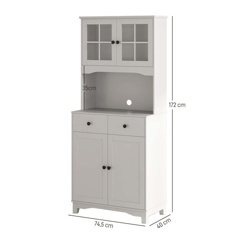 Vitt köksskåp med rymlig mikrovågshylla och justerbar förvaring | Modern design med glasdörr