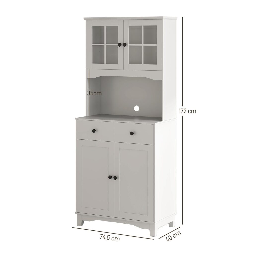 Vitt köksskåp med rymlig mikrovågshylla och justerbar förvaring | Modern design med glasdörr