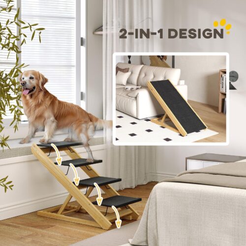 2-i-1 hundtrappa – Justerbar 4-stegsramp med halkfri yta för säng och soffa [Vikbar design för enkel förvaring]