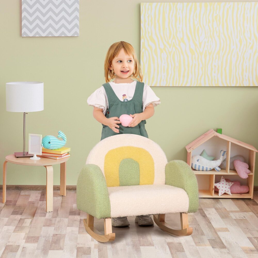 Gungstol för barn | Mjuk klädd fåtölj med lammskinnsimitation | Säker design av eukalyptusträ för 1,5-3-åringar | Bekväm och snygg barnsoffa