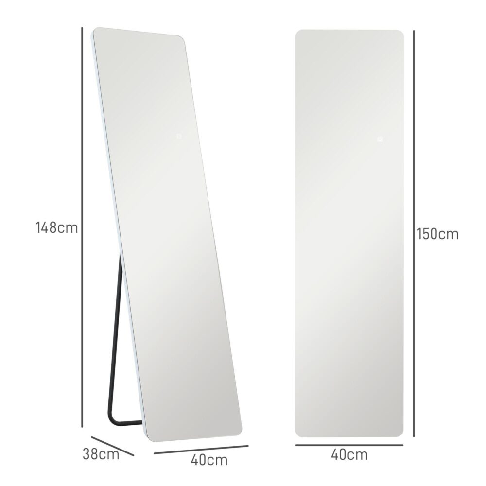 150x40cm spegel i full längd med 3 LED-ljusfärger, Smart Touch Dimming, väggmonterad eller fristående