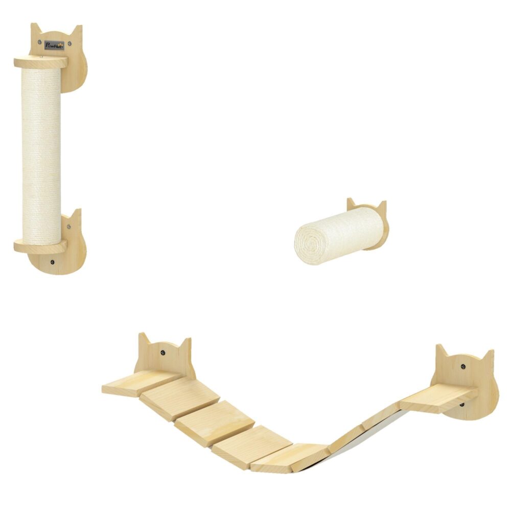 Katt klättervägg set – 3-delade kattmöbler med klösstolpe och stege | Platsbesparande design i furu av hög kvalitet
