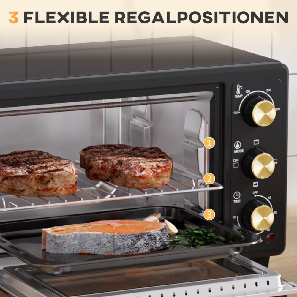 Miniugn 16L 1400W Kompakt design med justerbar temperaturkontroll (100-230°C) och 60-min timer. Inkluderar galler, bakplåt och smullåda för enkel rengöring