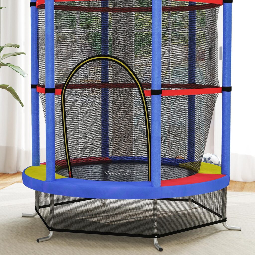 Barns trampolin med säkerhetsnät och vadderade stolpar - högelastiskt gummi för säkrare hopp | Enkel dragkedja