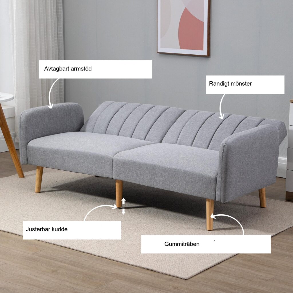 Bäddsoffa med sovfunktion - 2-i-1 soffa och säng, justerbar ryggstödsdesign, tjockt stoppad soffa | Modern randig klädsel med ekben | Grå | Storlek 173 x 75 x 73 cm
