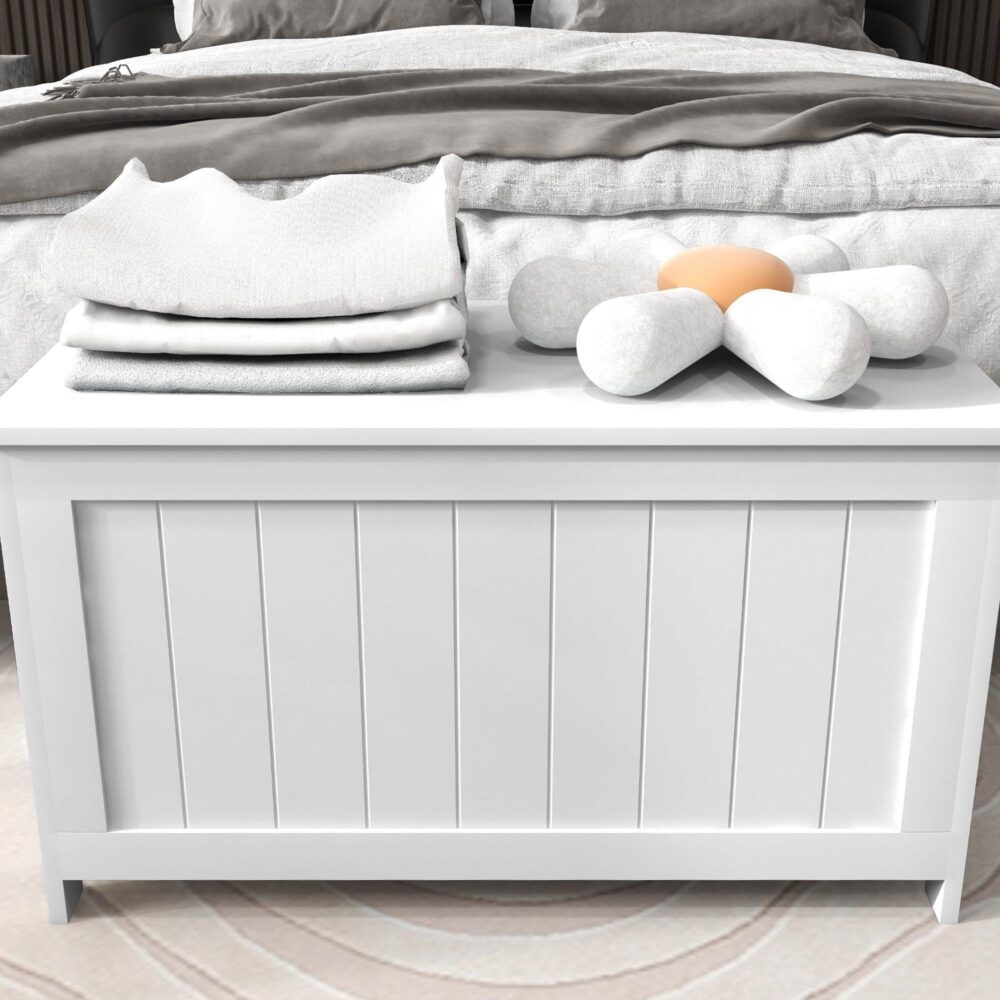 Multifunktionell förvaringslåda med handtag och lock – 81x40x46cm, slitstarkt MDF-material, säkerhetsgångjärn och enkel transport i vitt