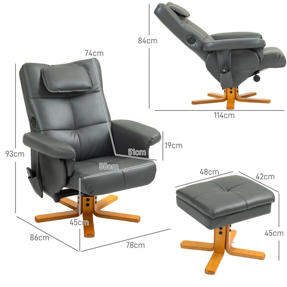 Vilstol med liggande massage med pall – 7-punkts massagesystem, justerbart ryggstöd från 100° till 135°, dold förvaringsfotpall med USB-laddningsportar, elegant design i konstläder, mörkgrå
