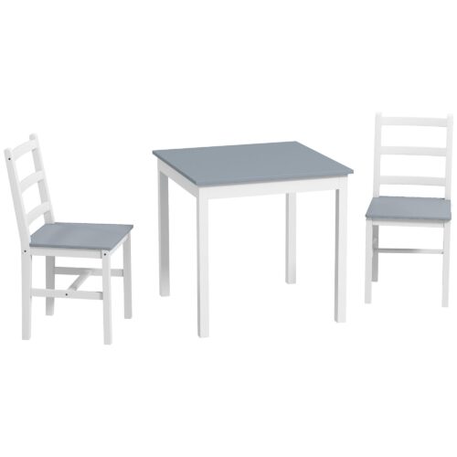 3-delad matgrupp för 2 personer – platsbesparande kompakt köksbord med stolar, modern design i grått och vitt, hållbar furukonstruktion