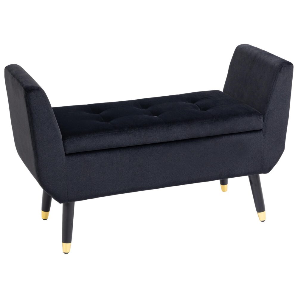 Lyxig bänk klädd bänk med förvaring och armstöd, sammet polyester, gummiträ, svart, 107x42x65cm för vardagsrum och hall | Elegant design, utfällbar sits med gott om förvaring, guldfärgade ben