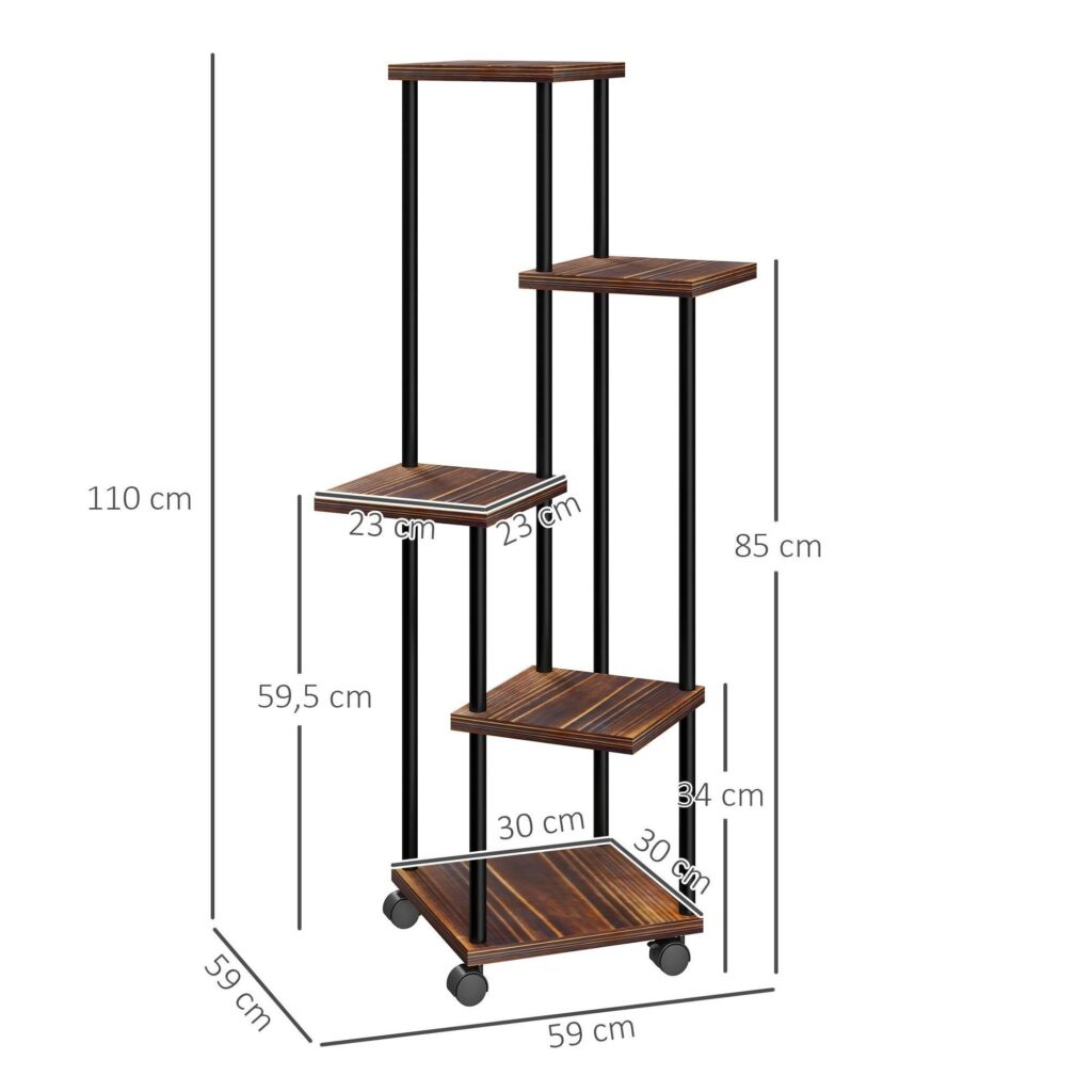 5-vånings växtställ med hjul, stål och trädesign för optimalt solljus - Snygg trappa för inomhus/utomhusbruk