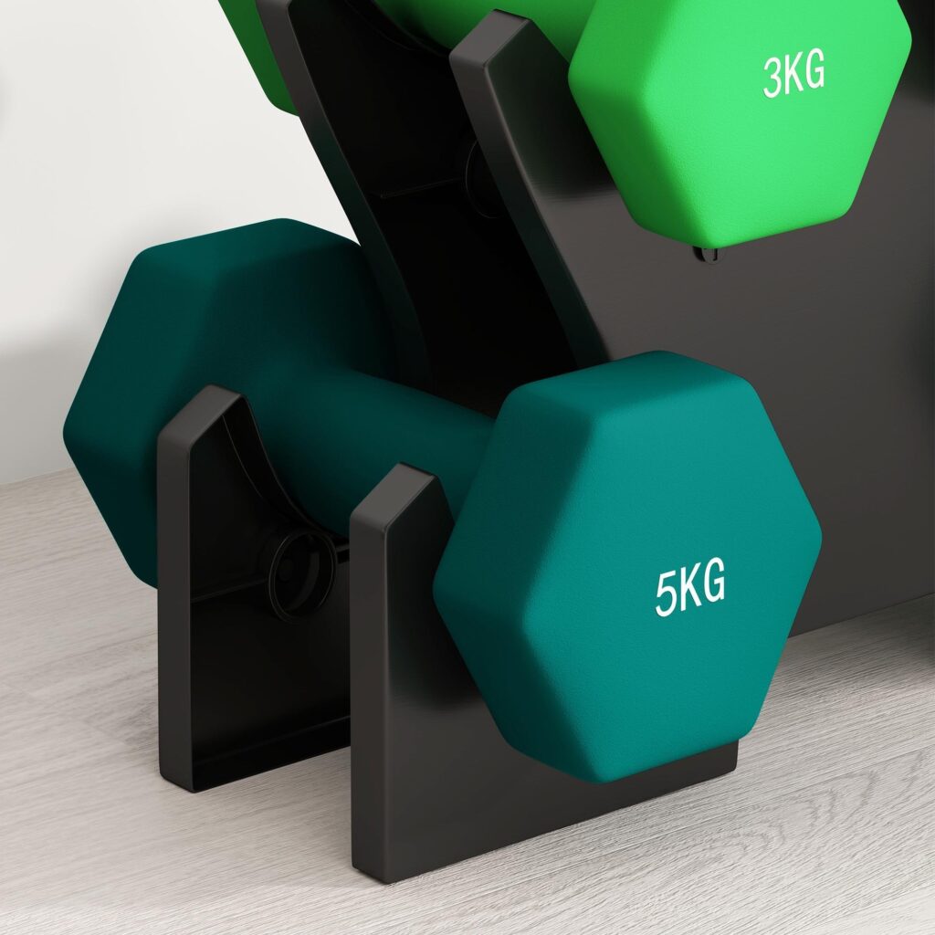 Komplett hantelset med platsbesparande stativ, sexkantsdesign för säkerhet, högkvalitativ metall- och plastkonstruktion