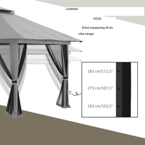 Hopfällbart lusthus 4x4m pop-up trädgårdstält – Snabb installation och bärbar design med UV-skydd, nätväggar och väderbeständiga funktioner | Robust metallram, enkel förvaring med hjul, justerbar takhöjd (2,83 m/2,73 m/2,63 m), mörkgrå