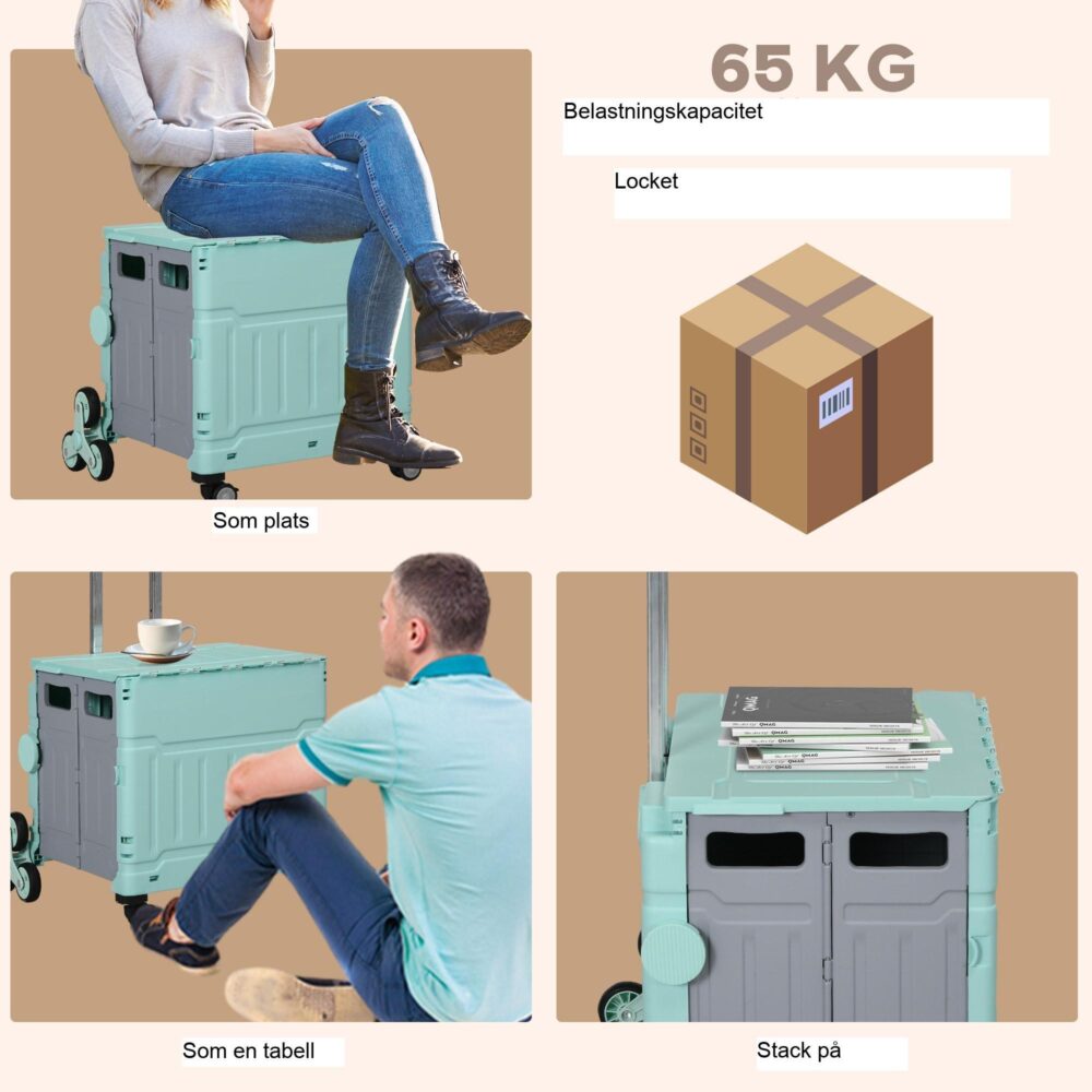 Hopfällbar shoppingvagn med universalhjul och trappklättringshjul, upp till 80 kg lastkapacitet och justerbart teleskophandtag