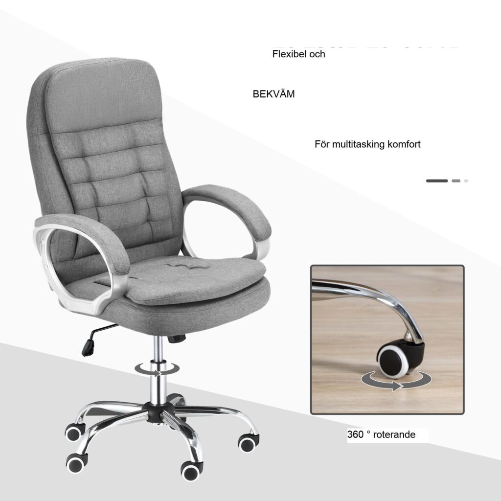 Ergonomisk kontorsfåtölj med justerbara armstöd och vippfunktion - Andningsbart linneöverdrag för komfort hela dagen
