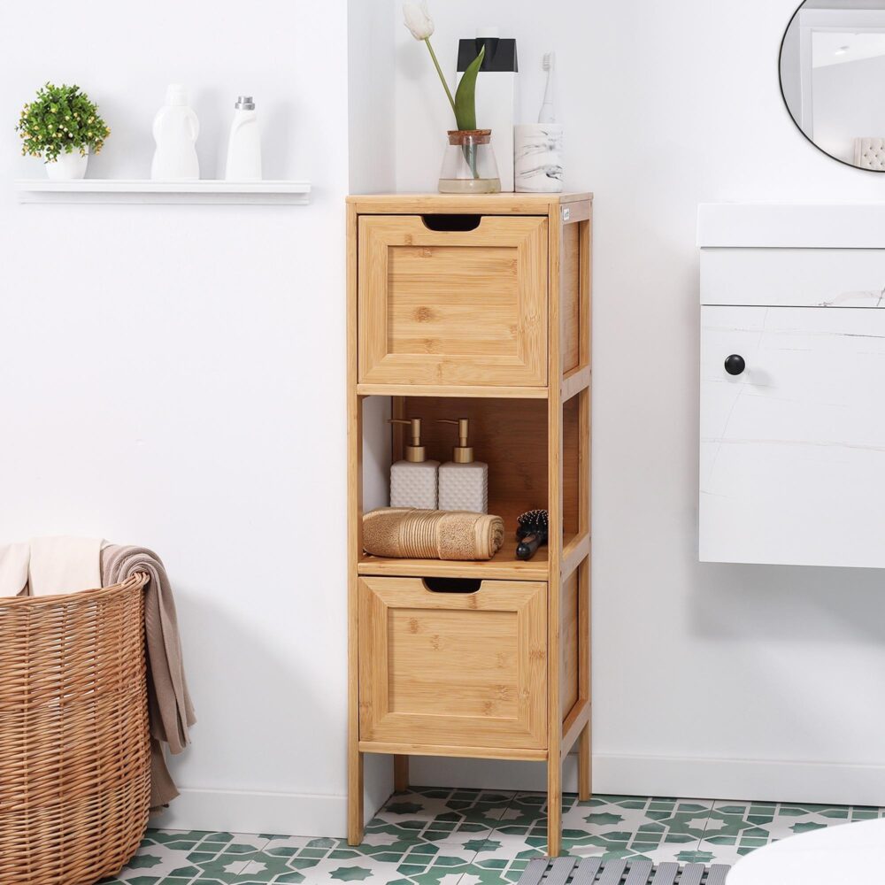 Badrumsskåp Kompakt design med 2 lådor, bambukonstruktion och säkerhetslutningsskydd