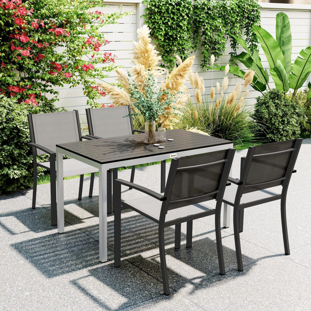 Trädgårdsbord i aluminium 120x70cm väderbeständigt altanbord med träeffektfinish, lätt att rengöra yta för 4-6 personer