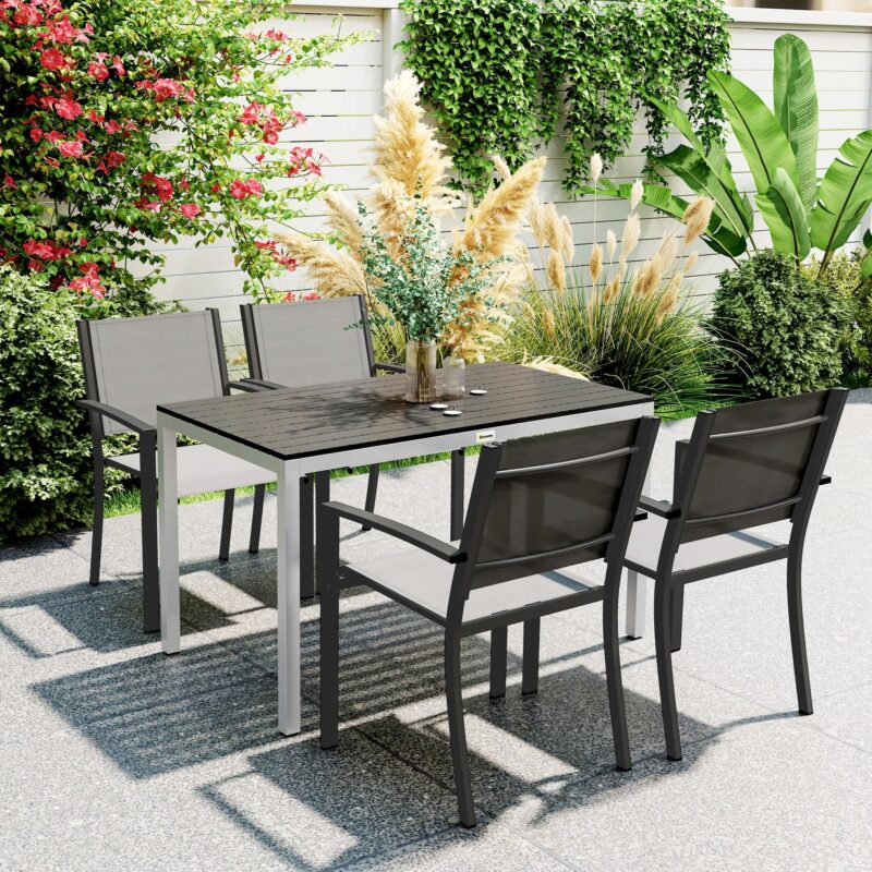 Trädgårdsbord i aluminium 120x70cm väderbeständigt altanbord med träeffektfinish, lätt att rengöra yta för 4-6 personer