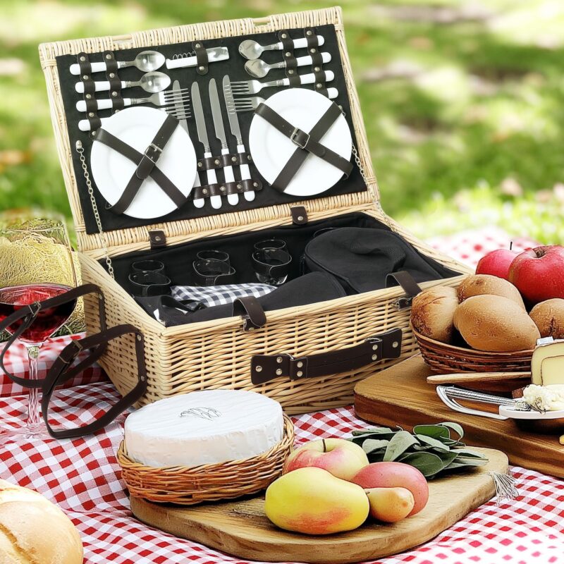 Willow Picnic Basket Resväska för 4 med isolerad kylare och komplett bestickset – Handgjord naturlig rotting