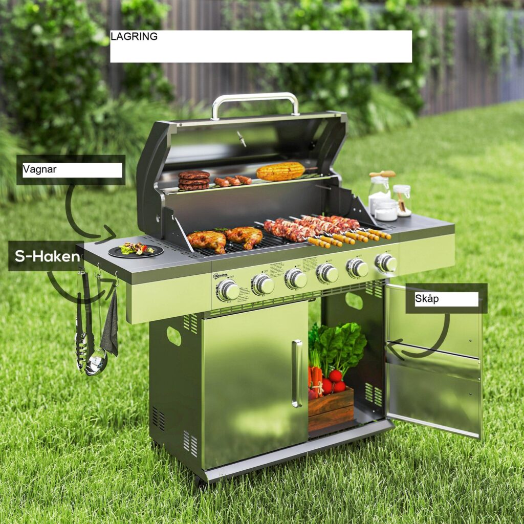 Gasolgrill 8500BTU med 6 brännare i rostfritt stål – rymlig grillyta för 14 personer, bärbar design med hjul och sidohyllor