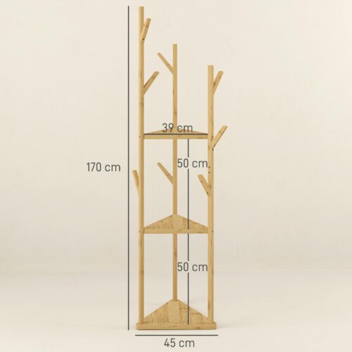 Klädhängare i bambu med snygg träddesign – 8 krokar, 3 nivåer, 45x45x170 cm