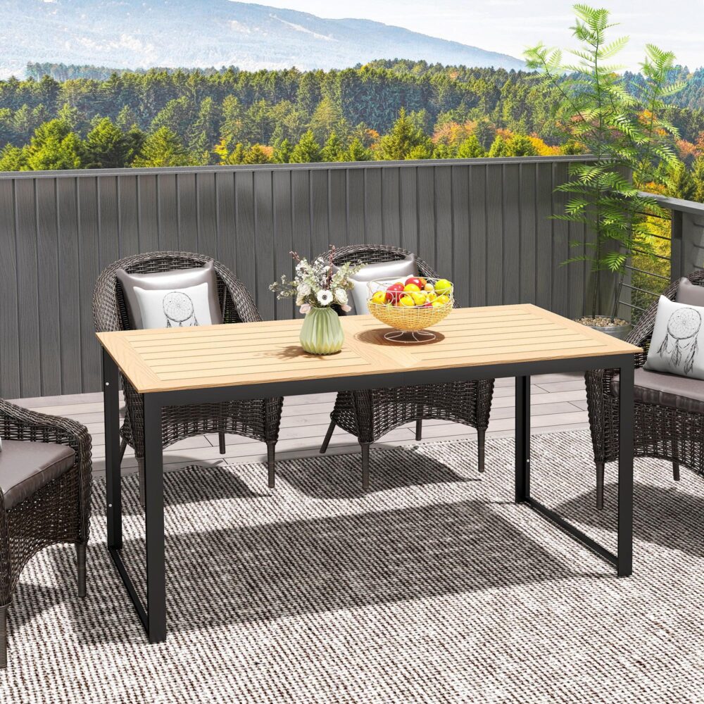 Elegant 6-sits matbord för trädgården med väderbeständigt träutseende och rostfri ram | Slitstarkt altanbord för utomhusnjutning