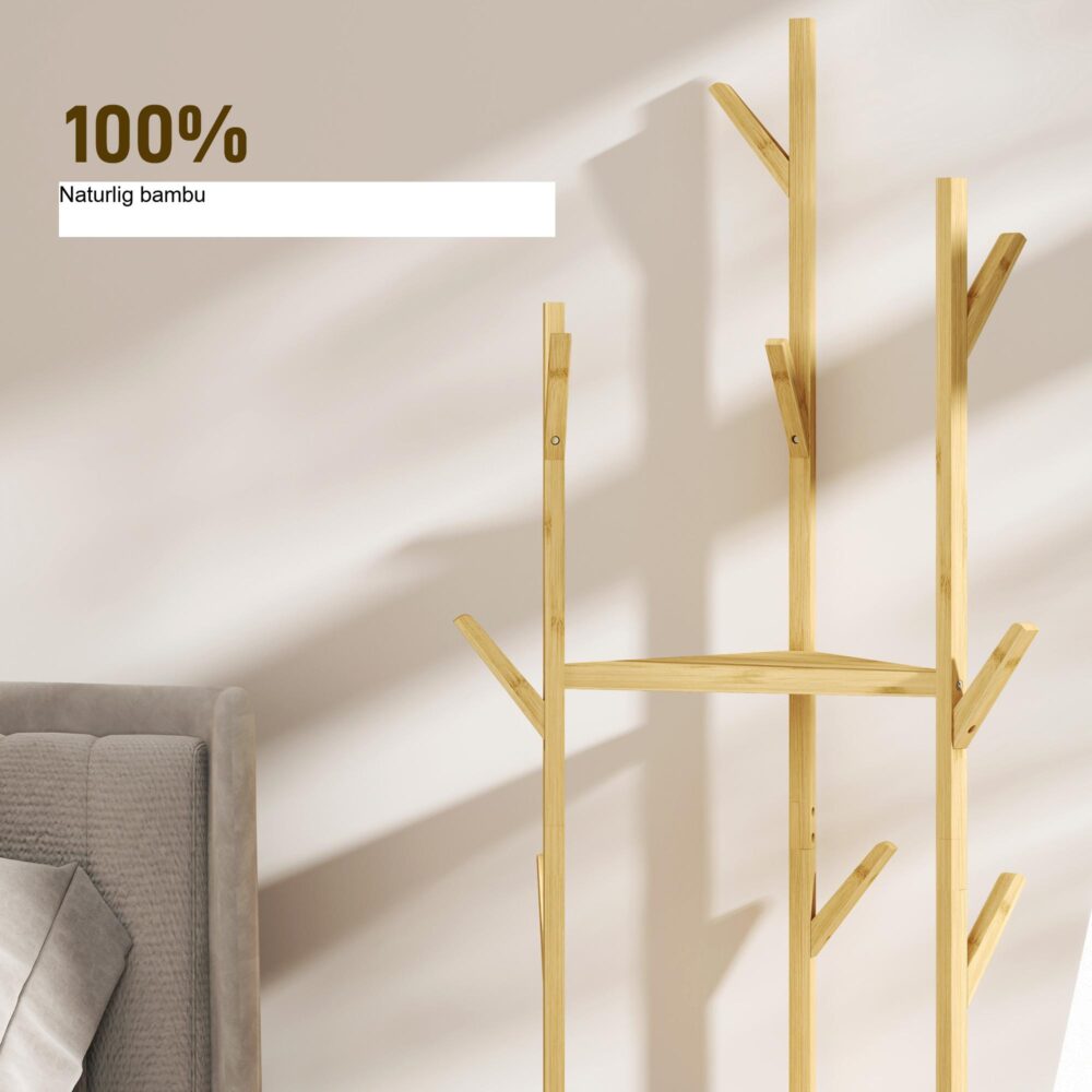 Klädhängare i bambu med snygg träddesign – 8 krokar, 3 nivåer, 45x45x170 cm