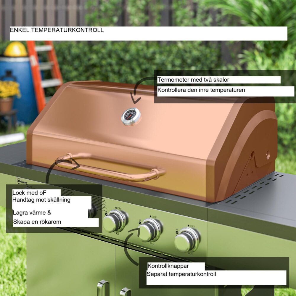 Gasolgrill 8500BTU med 6 brännare i rostfritt stål – rymlig grillyta för 14 personer, bärbar design med hjul och sidohyllor