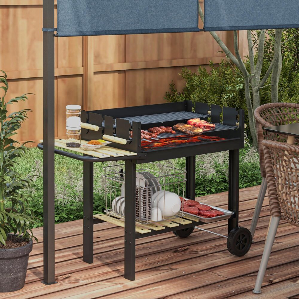 Kolgrill BBQ Camping med två justerbara grillgaller – Mobil design 113×53.5×82.5cm