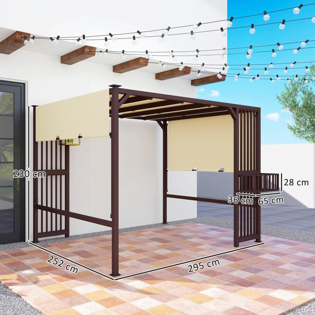 Pergola Paviljong 3x2,5m med Justerbar taklucka, Insynsskydd och Planteringskärl - Mörkbrun