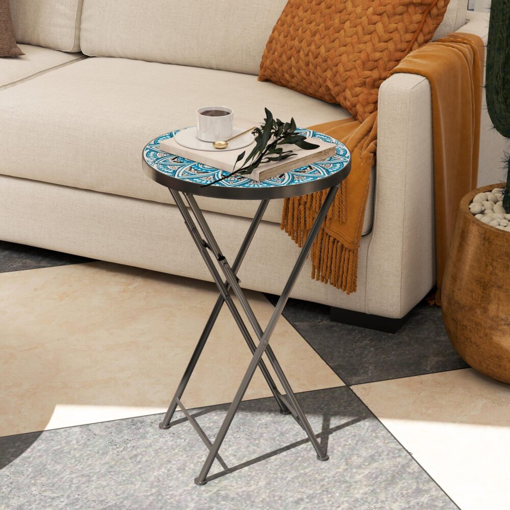 Hopfällbart trädgårdsbord med mosaikdesign, väderbeständigt och platsbesparande, Blå+Vit+Svart