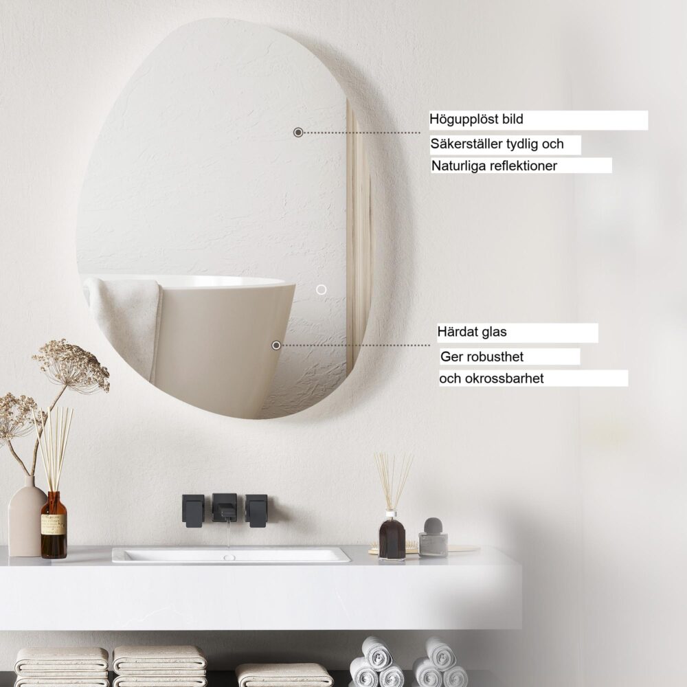 Badrumsspegel med belysning | 70×50 cm LED-pekbrytare, 3 färgtemperaturer (varm, neutral, kallvit), anti-dimma-funktion, minnesinställning, IP44 vattenskydd