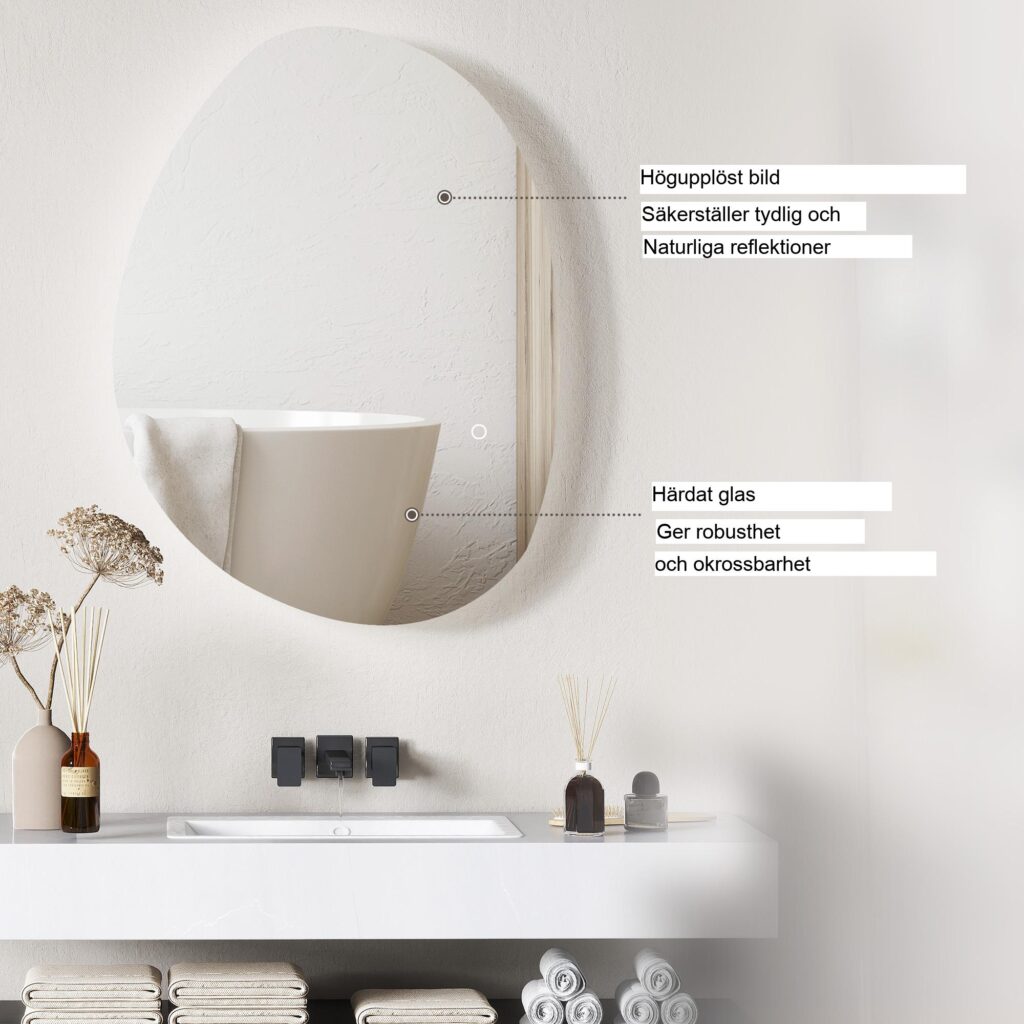 Badrumsspegel med belysning | 70x50 cm LED-pekbrytare, 3 färgtemperaturer (varm, neutral, kallvit), anti-dimma-funktion, minnesinställning, IP44 vattenskydd