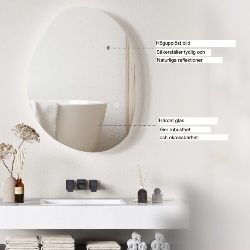 Badrumsspegel med belysning | 70×50 cm LED-pekbrytare, 3 färgtemperaturer (varm, neutral, kallvit), anti-dimma-funktion, minnesinställning, IP44 vattenskydd