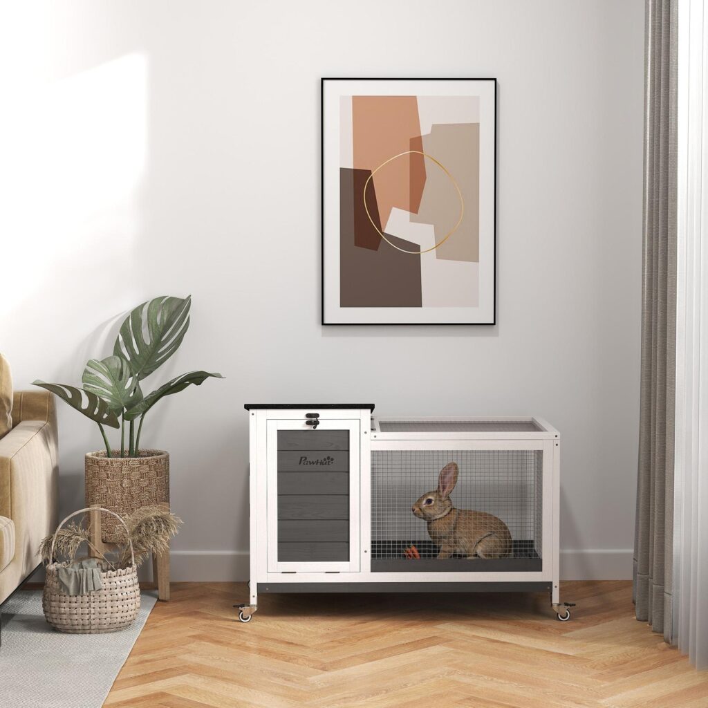 Kaninbur i trä med utdragbar bricka och hjul - Enkel rengöring, väderbeständig design för 1-2 kaniner