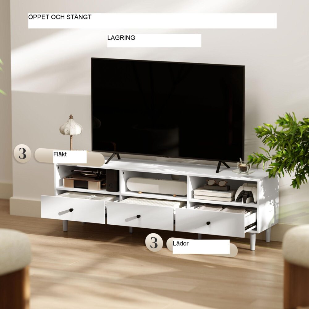 Elegant TV-bänk med lådor | 140 cm TV-kort för TV-apparater upp till 75 med kabelhantering och rymlig förvaring för hemunderhållning