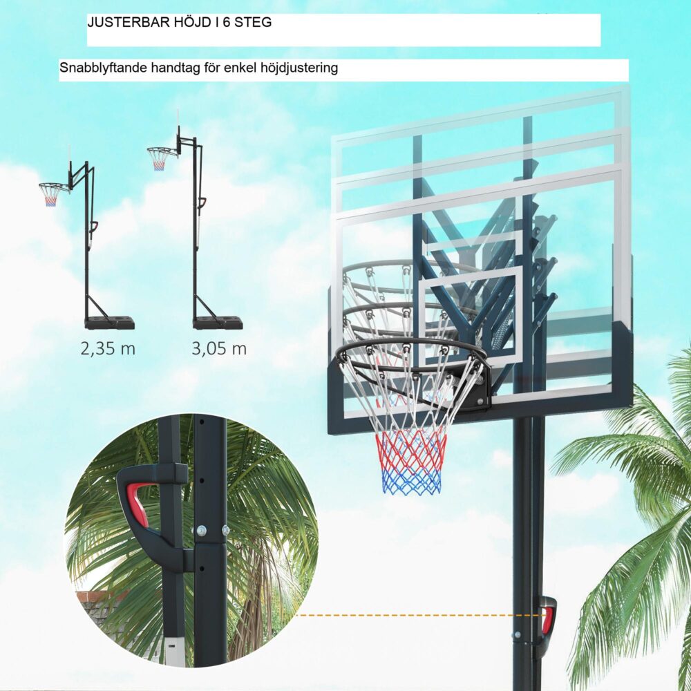 Höj- och sänkbar basketkorg 295-365 cm med stativ och hjul – robust stålkonstruktion, enkel rörlighet