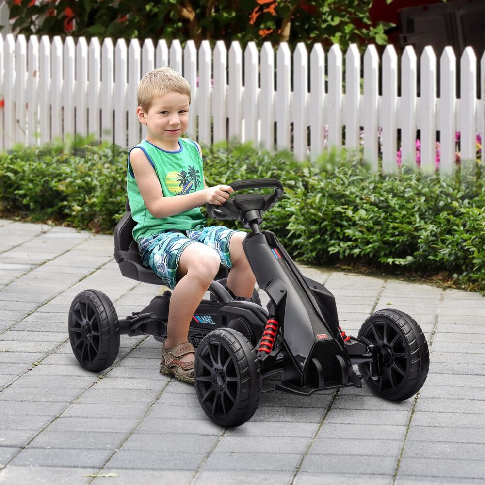 Kettcar svart gokart trampbil med 4-vägs justerbart säte, framåt- och bakåtväxlar och smidiga EVA-hjul för barn i åldrarna 3-8