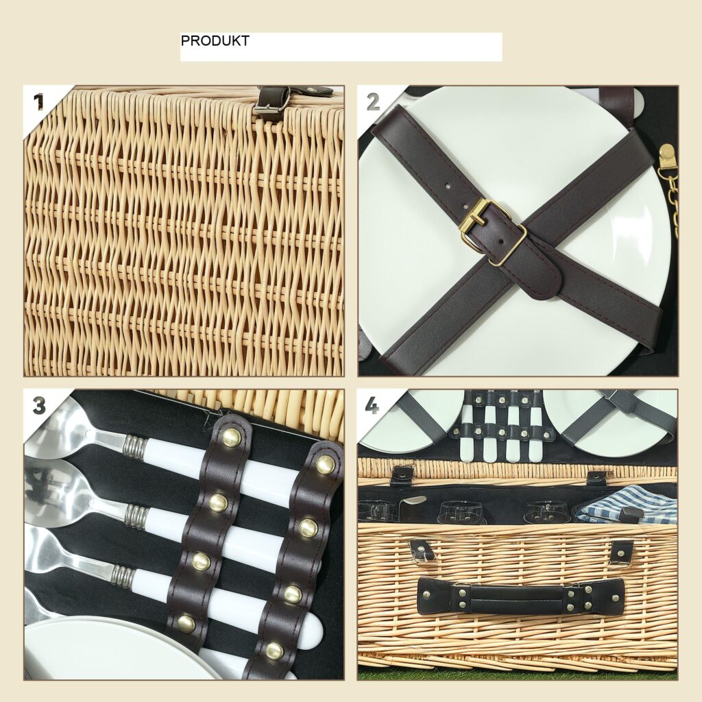 Willow Picnic Basket Resväska för 4 med isolerad kylare och komplett bestickset - Handgjord naturlig rotting
